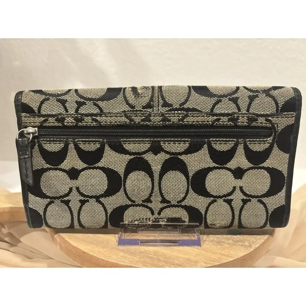 Coach Signature Black & Khaki Jacquard Trifold Wallet Checkbook Organizer